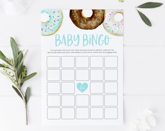 Carta da gioco stampabile Donuts Baby Shower Bingo - Carta da gioco Baby Sprinkle Bingo con ciambelle blu, bianche e cioccolato acquerello - Download istantaneo BC32