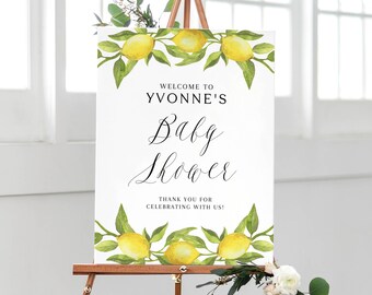 Lemon Baby Shower Welcome Sign Template - Printable Watercolor Lemon Greenery Garland Summer Baby Shower Brunch Poster - DIY Editable LGW2