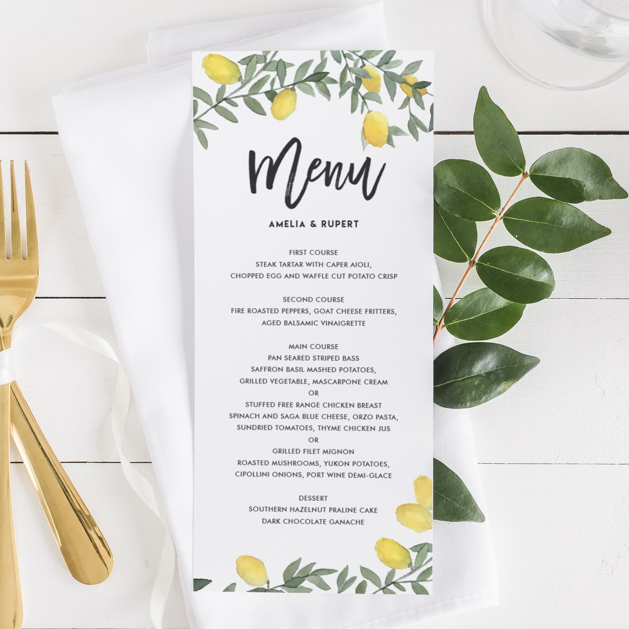 Boho Lemon Menu Card Template 4x9 Printable Rustic Etsy
