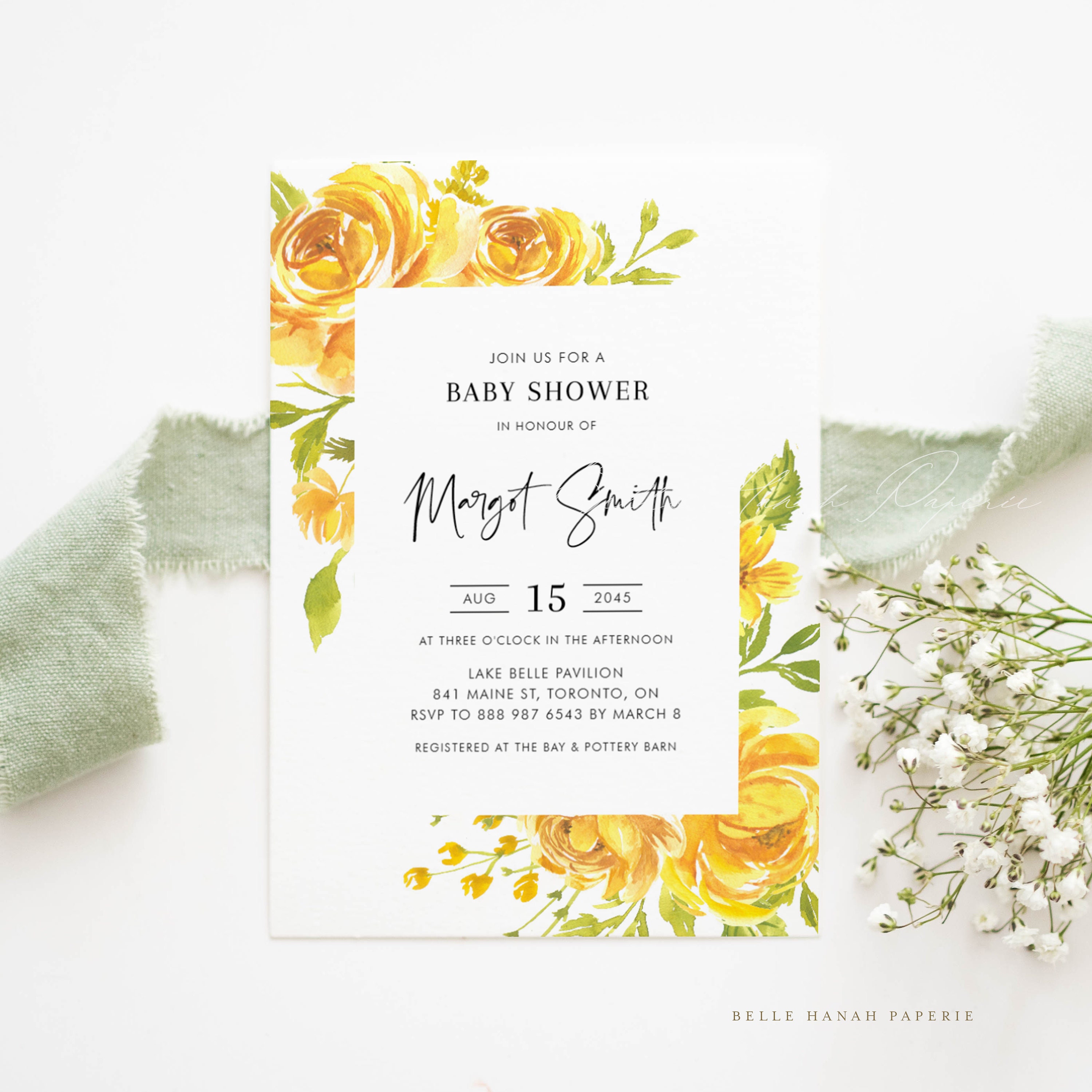 Printable Yellow Floral Baby Shower Invitation Template