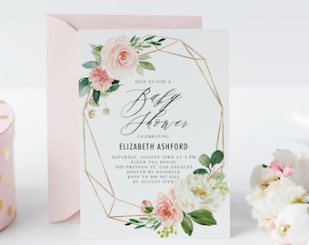 Printable Geometric Blush Floral Baby Shower Invitation Template - Geometric Gold Frame Peach Florals Baby Shower Evite - Editable Invite