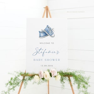 Printable Booties Baby Shower Welcome Sign Template - 18x24 Watercolor Blue Baby Shoes It&#39;s a Boy Sign - Editable Baby Shower Sign BB95