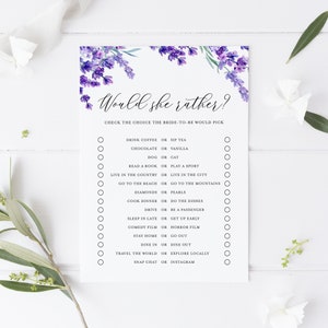 Printable Lavender Would She Rather Bridal Shower Game - 5x7 Watercolor Lavender What Will the Bride Do Shower Game -Instant Download LF41