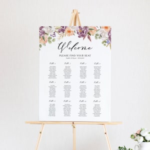Floral Wedding Seating Chart Template - Afdrukbare aquarel paarse herfstbloemen Wedding Table Plan Sign - Bewerkbare DIY Seating FPRG5