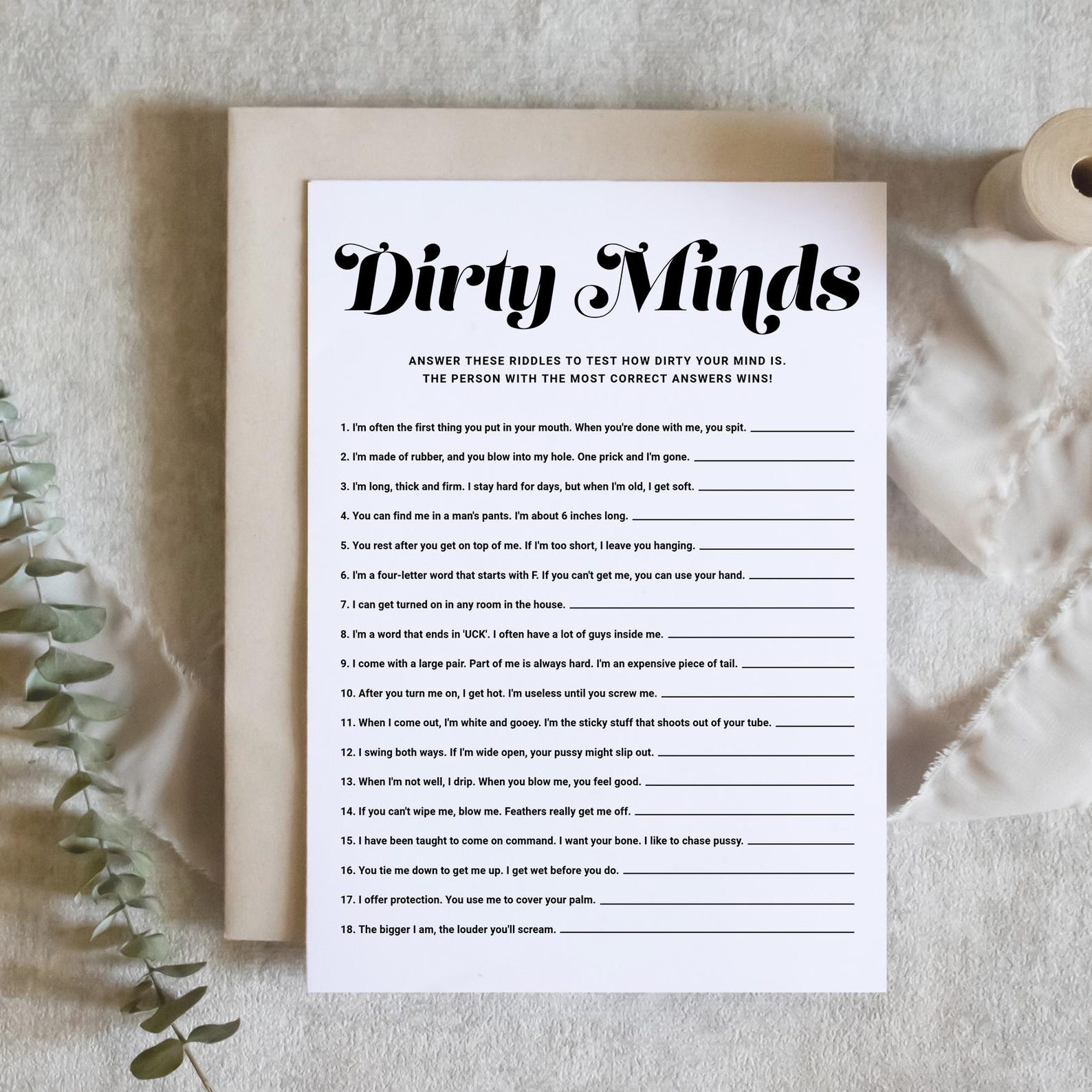 Bridal Shower Riddles Pdf Printable Dirty Minds Riddles Game Card - Retro Calligraphy Dirty ...