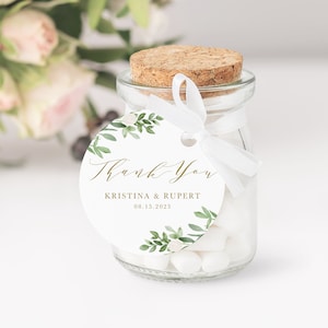 Etiqueta de presente de agradecimento do círculo de vegetação - modelo de adesivo de agradecimento para impressão - etiqueta de círculo de casamento de aquarela verde e flores brancas GWF23