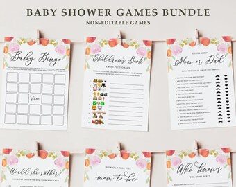 May include: A set of printable baby shower games featuring floral designs. The games include Baby Bingo, Children's Book Emoji Pictionary, Guess Who: Mum or Dad, Would She Rather, How Old Was the Mum-to-Be, and Who Knows the Mum Best.