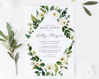 Printable Greenery Bridal Shower Invitation - DIY Watercolor Spring White Flowers Greenery Bridal Brunch Invite - Editable Invitation SWF23