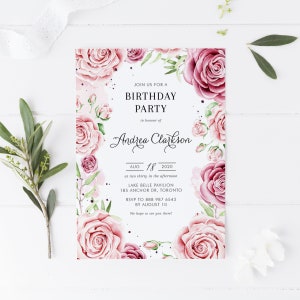 Druckbare Geburtstagsparty Einladung Vorlage - Aquarell Rosa Rosen Blumenrahmen Einladung - Bearbeitbarer Frühling Sweet Sixteen Invite