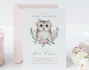 May include: A baby shower invitation with a watercolor illustration of an owl wearing a flower crown. The invitation is for Amelia Thompson and includes the date, time, and location of the event. It also includes the RSVP information.