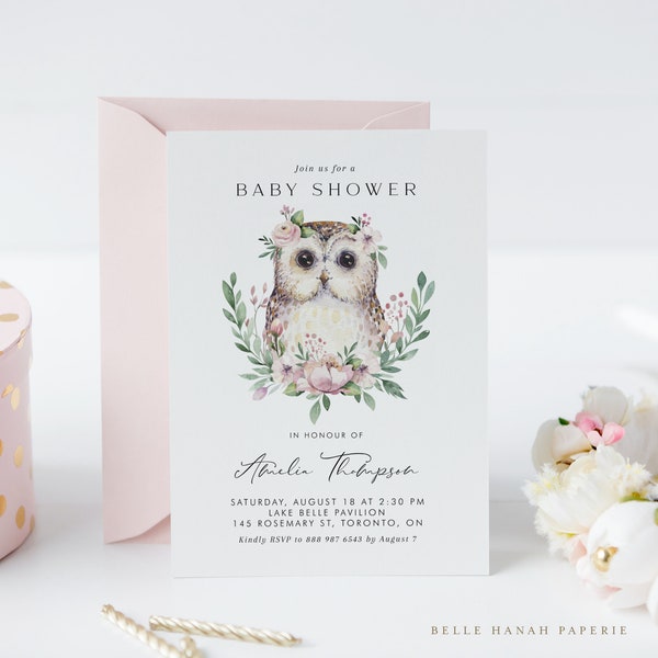 Printable Owl Baby Shower Invitation Template - Boho Watercolor Owl Blush Pink Flowers Woodland Baby Shower Evite - Editable Invite PO18