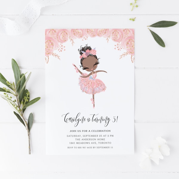 Printable Ballerina Birthday Invitation Template - Editable Black Ballerina in Pink Dress Birthday Invite - Rose Gold Glitter Pink Flowers