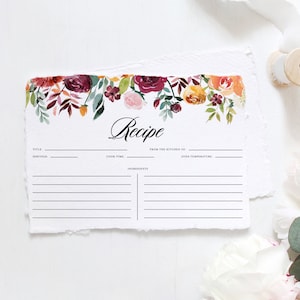 Herbst Blumen Dusche Rezept Karte - druckbare Aquarell Herbst Blüten Girlande Brautparty Rezept Karte Einsatz - Instant Download AB41