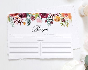 Fall Floral Shower Recipe Card - Printable Watercolor Autumn Blooms Garland Bridal Shower Recipe Card Insert - Instant Download AB41