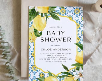 Szablon zaproszenia na baby shower w stylu śródziemnomorskim do wydrukowania - DIY Zaproszenie na baby shower z motywem cytryny i marokańskiego wzoru kafelkowego ML74