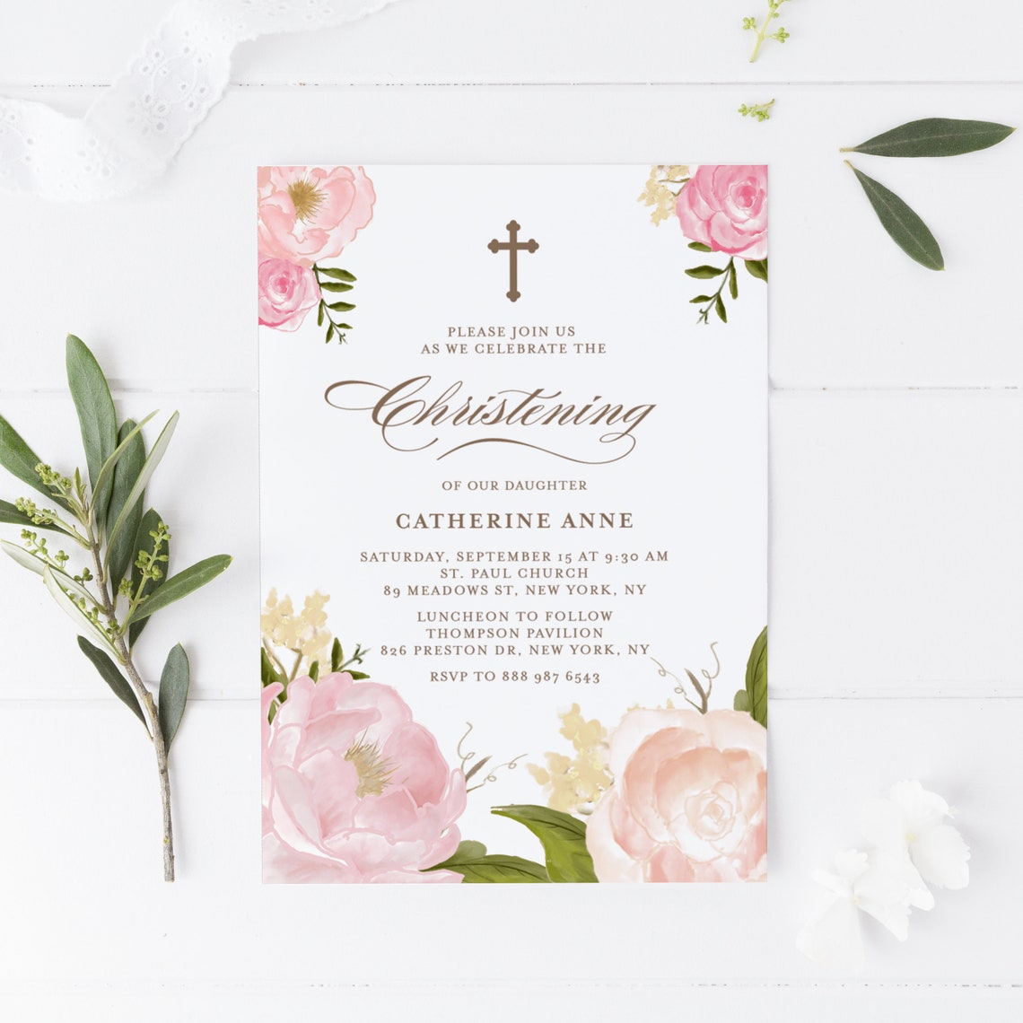 Printable Christening Invitation Editable Floral Christening | Etsy