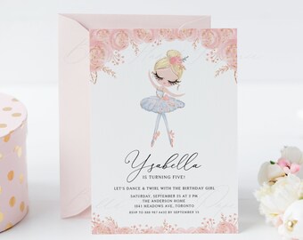Printable Blonde Girl Ballerina Birthday Invitation Template - Ballerina in White Dress Rose Gold Glitter Tutu Party Invite - DIY Editable