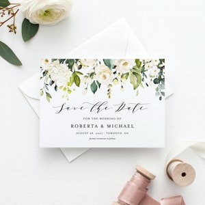 Modelo de cartão para salvar a data com guirlanda floral branca DIY - Rosas e hortênsias para impressão, Salve a data - Editável, salve a data #087