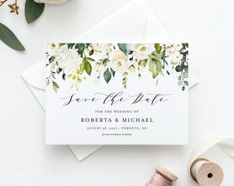 DIY White Floral Wreath Save the Date Card Template - Printable Roses and Hydrangeas Greenery Save the Date - Editable Save the Date #087