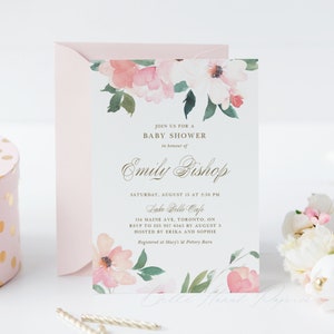 Printable Pink Floral Baby Shower Invitation Template - DIY Light Pink Watercolor Flowers Girl Baby Shower Invitation - Editable Evite LP13