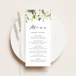 Printable White Floral Wedding Menu Card Template - DIY 4x9 Watercolor Roses and Hydrangeas Winter Wedding Menu Card - Editable Menu #087