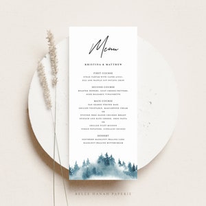 Afdrukbare Winter Wedding Menu Card Template - DIY 4x9 Aquarel Blue Winter Forest Bruidsdouche Menukaart - Bewerkbare menukaart WF32