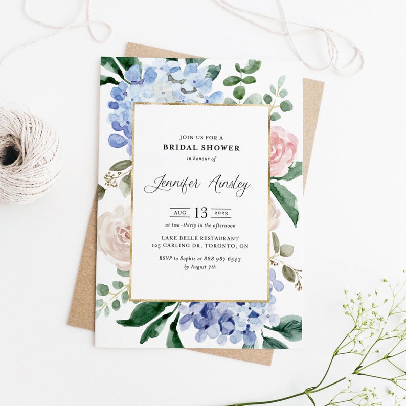 Blue Floral Bridal Shower Invitation Template Printable Etsy