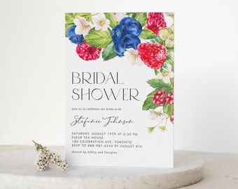 Printable Mix Berries Bridal Shower Invitation Template - Watercolor Strawberry, Blueberry Summer Bridal Shower Evite - Editable Invite MB36