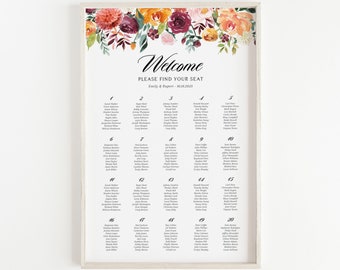 Plantilla de tabla de asientos de boda floral de otoño imprimible - DIY acuarela otoño flores boda mesa plan signo - plano de asiento editable AB41