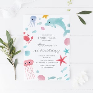 DIY Under the Sea Birthday Invitation Template - Printable Cute Watercolor Under the Sea Animals Summer Kids Birthday Invite - Editable U74