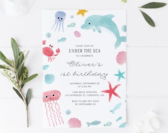DIY Under the Sea Birthday Invitation Template - Printable Cute Watercolor Under the Sea Animals Summer Kids Birthday Invite - Editable U74