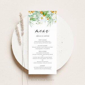 Printable White Orchids Menu Card Template - 4x9 Watercolor Orchids and Kumquats Tropical Floral Wedding Menu Card - Editable Menu Card #019
