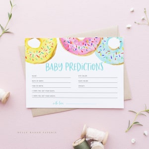 Tarjeta de predicciones de bebé de donuts imprimibles - Tarjeta de juego de predicciones de baby shower de DonutsSprinkles de acuarela colorida - Descarga instantánea CD15