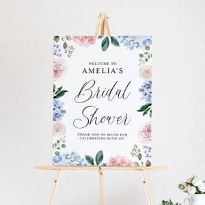 Floral Frame Bridal Shower Welcome Sign Template - Printable Watercolor Hydrangeas and Roses Floral Bridal Brunch Poster - DIY Editable BHR5