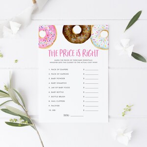 Donuts O preço é justo Jogo de chá de bebê - Aquarela para impressão Rosa Branco e Chocolate Donuts Adivinhe o cartão de preço - Download instantâneo WD67