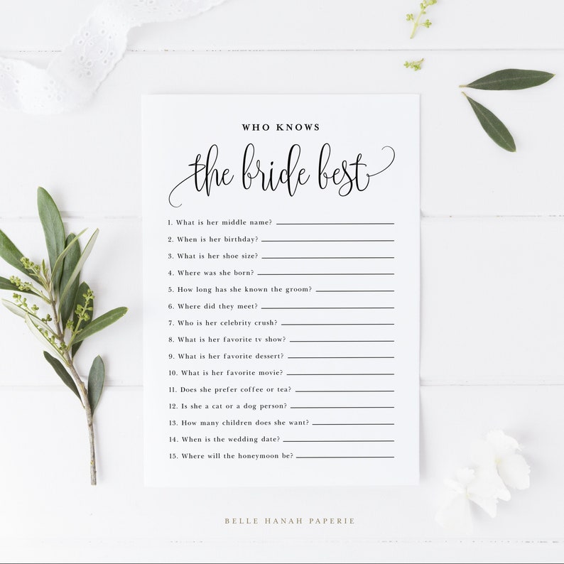 Script Who Knows the Bride Best Game How Well Do You Know the Bride Card Printable Sophie Script Bridal Shower Game Instant Download image 1