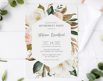 Printable Rustic Floral Retirement Party Invitation Template - DIY Watercolor White Magnolias and Blush Roses Retirement Party Invite #012