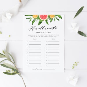 Citrus How Old Were the Parents to be Baby Shower Game - Printable Watercolor Grapefruits and Oranges Guessing Game - Instant Download #013