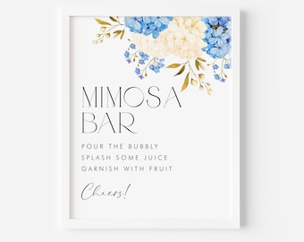 Printable Hydrangea Mimosa Bar Sign - 8"x10" Watercolor Blue and White Hydrangeas Bridal Shower Mimosa Bar Sign - Instant Download WB53