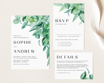 Printable Eucalyptus Wedding Invitation Set Template - DIY Greenery Wedding Invite, RSVP, Details Card - Editable Wedding Suite Invite EL29