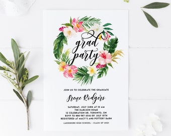 Editable Tropical Graduation Party Invitation Template - Watercolor Tropical Floral Wreath Invite - Printable Summer Graduation Luau #010