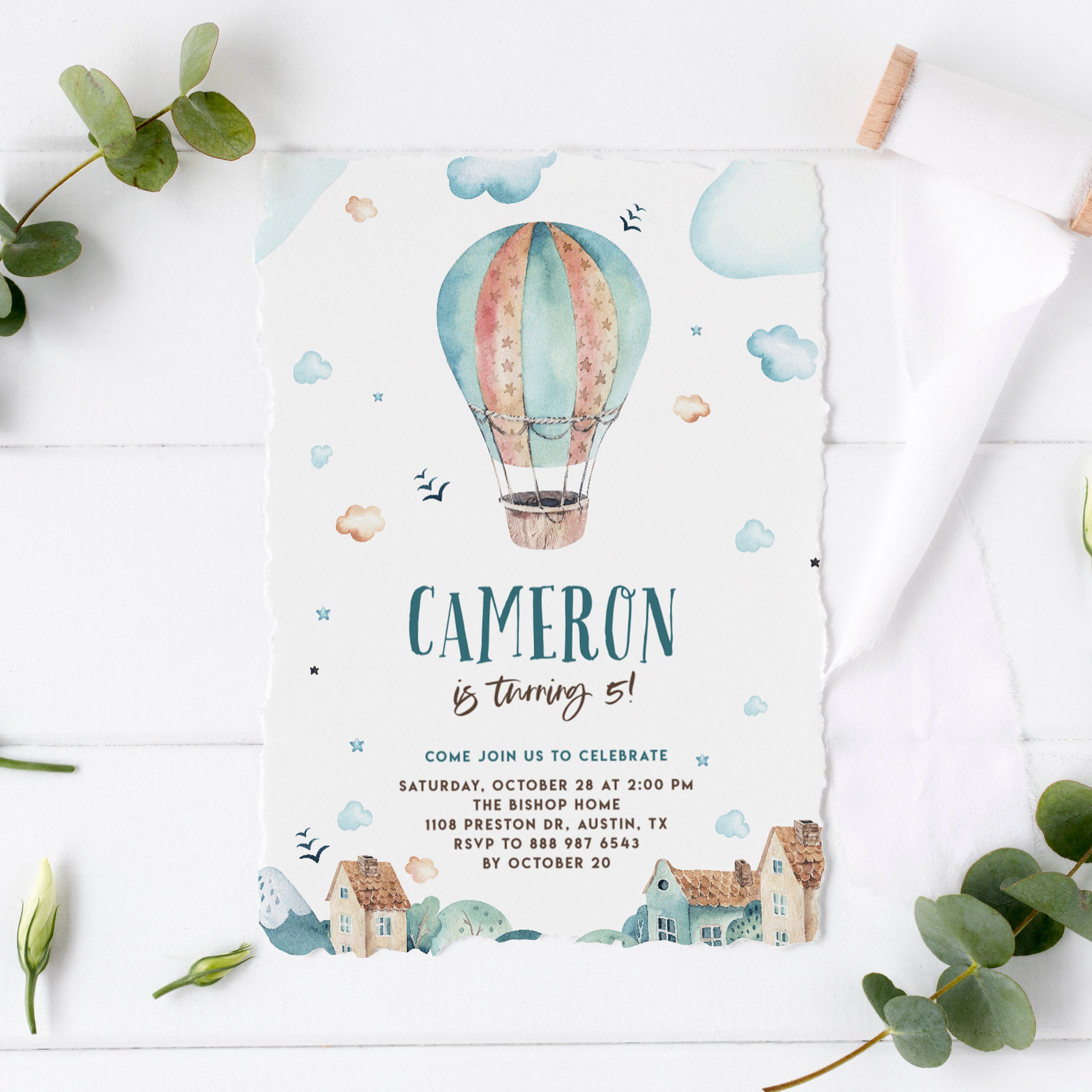 Editable Hot Air Balloon Boy Birthday Invitation Template - Printable ...
