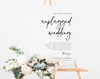 Plantilla de signo de boda desenchufado en cursiva imprimible - Signo de ceremonia desenchufado de caligrafía simple DIY - Signo de boda editable - Templett SR17