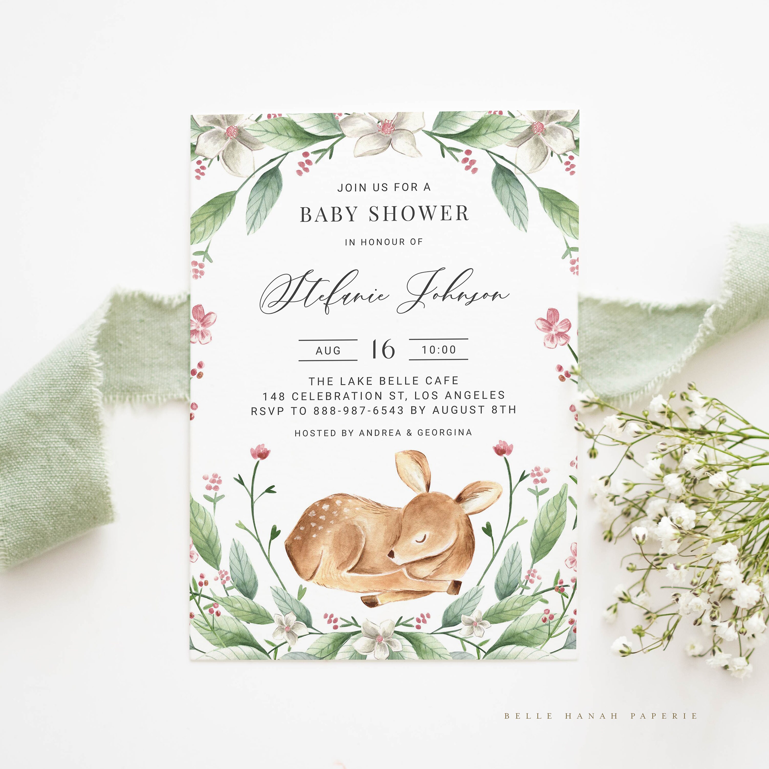 Druckbare Deer Baby Shower Einladung Templett - Aquarell schlafende Deer Baby Shower Evite - bearbeitbare Woodland Baby Shower Invite SD51