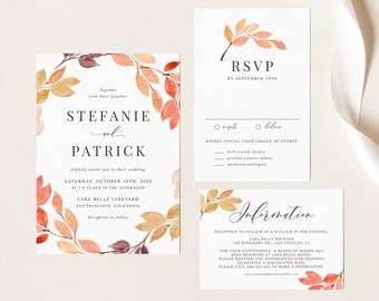 Printable Fall Wedding Invitation Set Template - DIY Watercolor Autumn Foliage Invitation, RSVP, Details Card - Editable Wedding Suite AU15