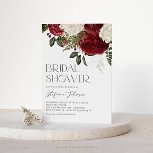 Printable Burgundy Floral Bridal Shower Invitation Template - Editable Watercolor White & Red Botanical Autumn Bridal Luncheon Evite WB96