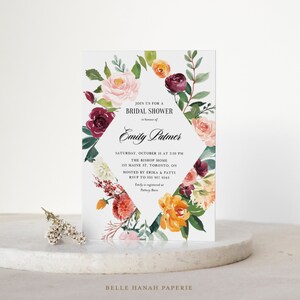 Printable Fall Floral Bridal Shower Invitation Template - Watercolor Autumn Blooms Floral Frame Couples Shower Invite - Editable Evite AB41
