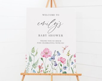 Pretty Floral Baby Shower Welcome Sign Template - Printable Pink Watercolor Delicate Flowers Baby Shower Poster - DIY Editable Templett DF18