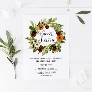 Plantilla de invitación de fiesta imprimible de corona de otoño dulce 16 - corona de calabazas y piñas de acuarela invitación dulce dieciséis - fiesta de otoño