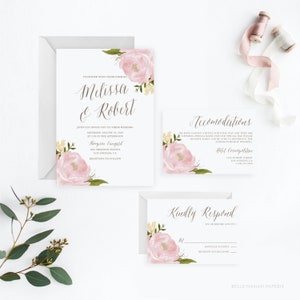 Printable Wedding Invitation Set Template DIY Watercolor Blush Pink Peonies Wedding Invitation, RSVP & Enclosure Card Instant Download image 1